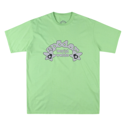 Front view of the Sp5der Worldwide t-shirt in slime green color with a distinctive gray graphic logo on the chest