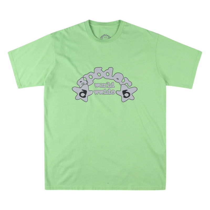 SP5DER Worldwide Tee Slime Green Graphic Front View Front view of the Sp5der Worldwide t-shirt in slime green color with a distinctive gray graphic logo on the chest