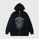 Front view of the black Sp5der Phantom Web zip-up hoodie featuring a signature spiderweb graphic and premium cotton blend.