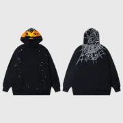 Front and back view of the black Sp5der Heavy Web Hoodie with signature web print and distressed star graphics.