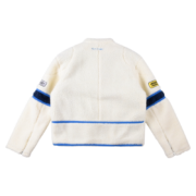 Back view of the cream-colored Sp5der Worldwide 555555 Hunters sherpa jacket with blue detailing and fleece texture.