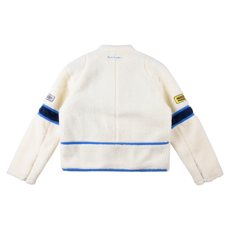 Back view of the cream-colored Sp5der Worldwide 555555 Hunters sherpa jacket with blue detailing and fleece texture.