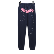 Blue Sp5der Atlanta sweatpants featuring iconic pink branding and star graphics, designed with a premium loose fit.