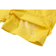 Sp5der OG Web double-layer yellow shorts with detailed white spiderweb graphic printing for a stylish streetwear look.