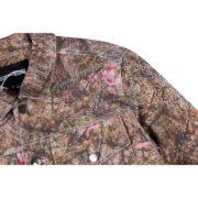 Close-up detail of the Sp5der Trucker Jacket in Real Tree Camo featuring crystal accents and durable rugged fabric.