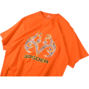 Bright orange Sp5der Arach t-shirt featuring a stylized spider-inspired logo graphic for streetwear fans.