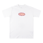 White Sp5der graphic t-shirt featuring a distinctive oval logo design on the chest for a bold streetwear aesthetic.