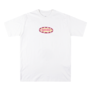 White Sp5der graphic t-shirt featuring a distinctive oval logo design on the chest for a bold streetwear aesthetic.