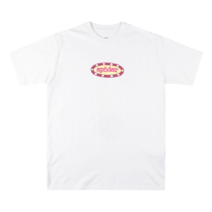 White Sp5der graphic t-shirt featuring a distinctive oval logo design on the chest for a bold streetwear aesthetic.