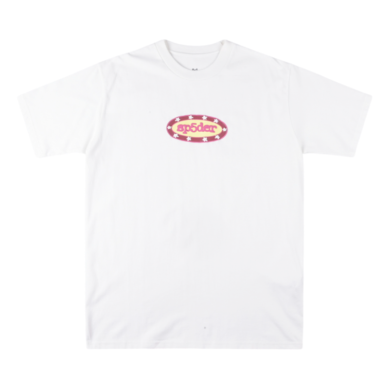 White Sp5der graphic t-shirt featuring a distinctive oval logo design on the chest for a bold streetwear aesthetic.