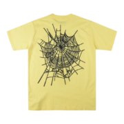 Back view of the yellow SP5DER Worldwide Web T-shirt featuring a black graphic spider web print on the back fabric.