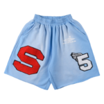 Front view of the Sp5der Cut Sweatshort in vintage blue featuring a red S patch and a white winged 5 graphic.
