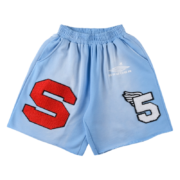 Front view of the Sp5der Cut Sweatshort in vintage blue featuring a red S patch and a white winged 5 graphic.