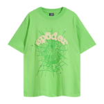 Green Sp5der Wait Web T-shirt with signature spider web graphic and bold streetwear design, front view studio shot.