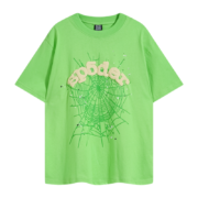 Green Sp5der Wait Web T-shirt with signature spider web graphic and bold streetwear design, front view studio shot.