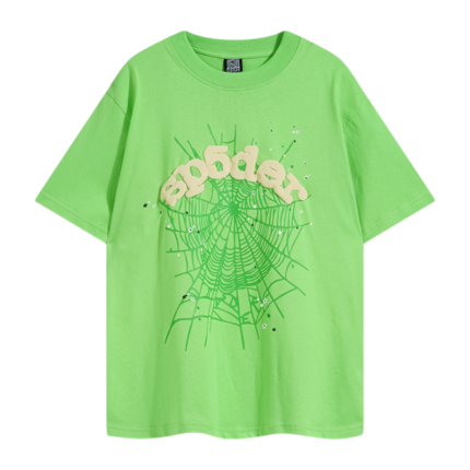 Green Sp5der Wait Web T-shirt with signature spider web graphic and bold streetwear design, front view studio shot.