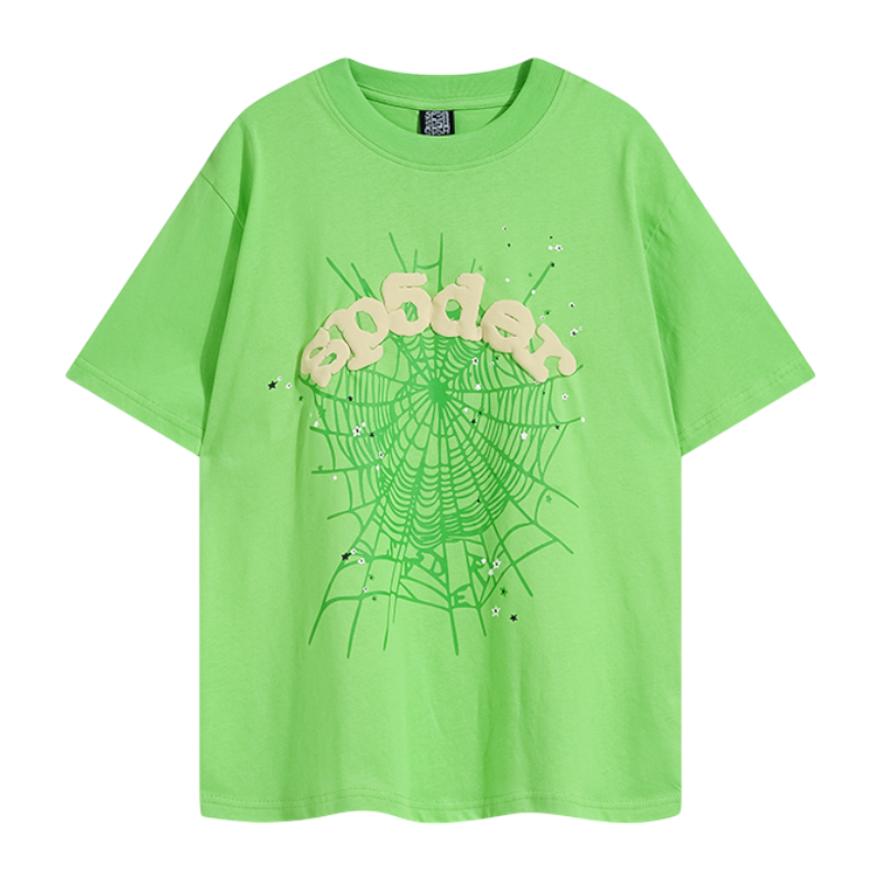 Sp5der Wait Web Green T Shirt Front View Green Sp5der Wait Web T-shirt with signature spider web graphic and bold streetwear design, front view studio shot.