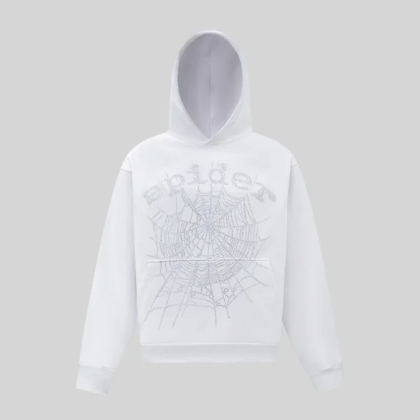 Sp5der OG Rhinestone Hoodie 'White' front view