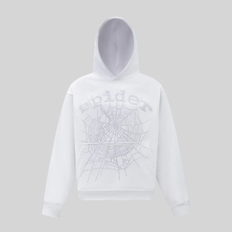 Sp5der OG Rhinestone Hoodie 'White' front view