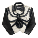 Front view of the black and white Roam The Halls Sp5der leather jacket with unique spider web graphic detailing.