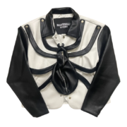 Front view of the black and white Roam The Halls Sp5der leather jacket with unique spider web graphic detailing.
