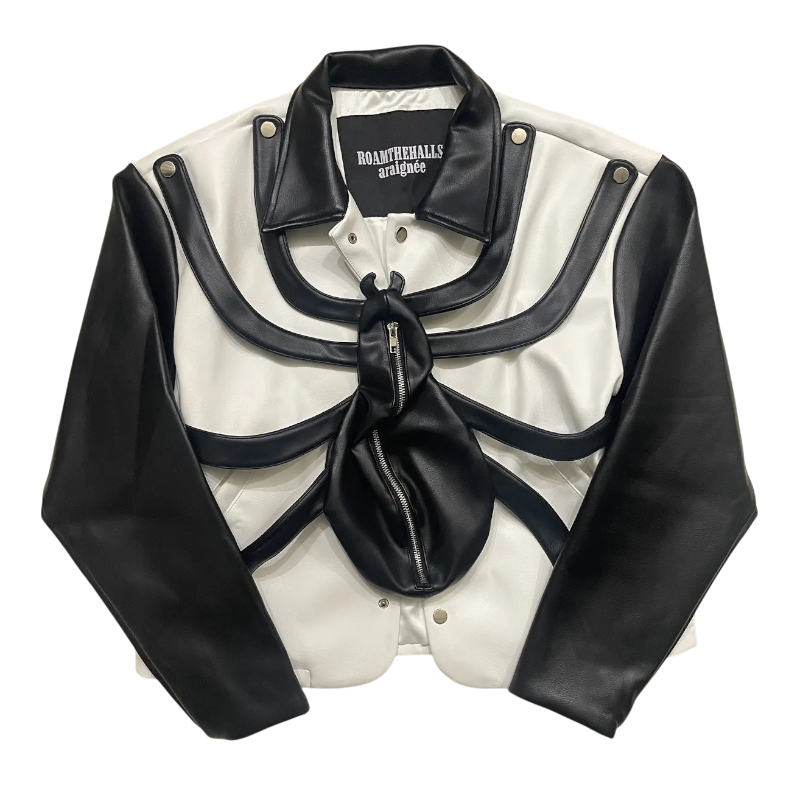 Front view of the black and white Roam The Halls Sp5der leather jacket with unique spider web graphic detailing.
