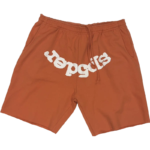 Sp5der Worldwide sweat shorts in an orange rust color featuring the iconic white Sp5der logo in a relaxed streetwear fit