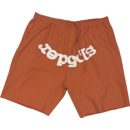 Sp5der Worldwide sweat shorts in an orange rust color featuring the iconic white Sp5der logo in a relaxed streetwear fit
