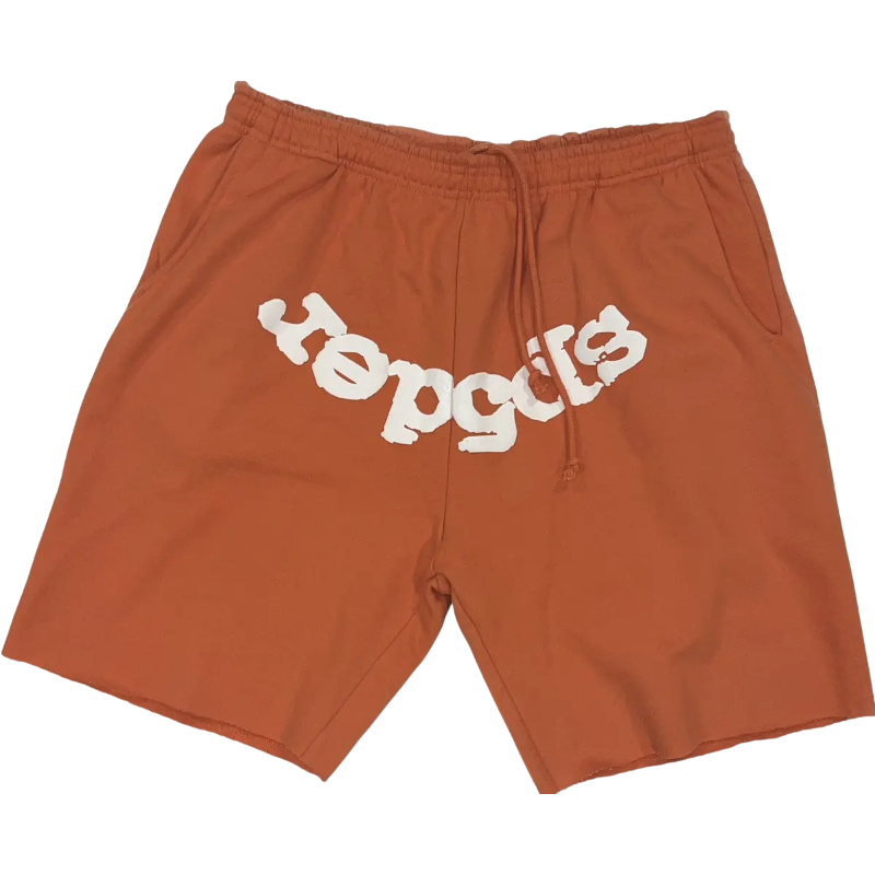 Sp5der Worldwide sweat shorts in an orange rust color featuring the iconic white Sp5der logo in a relaxed streetwear fit