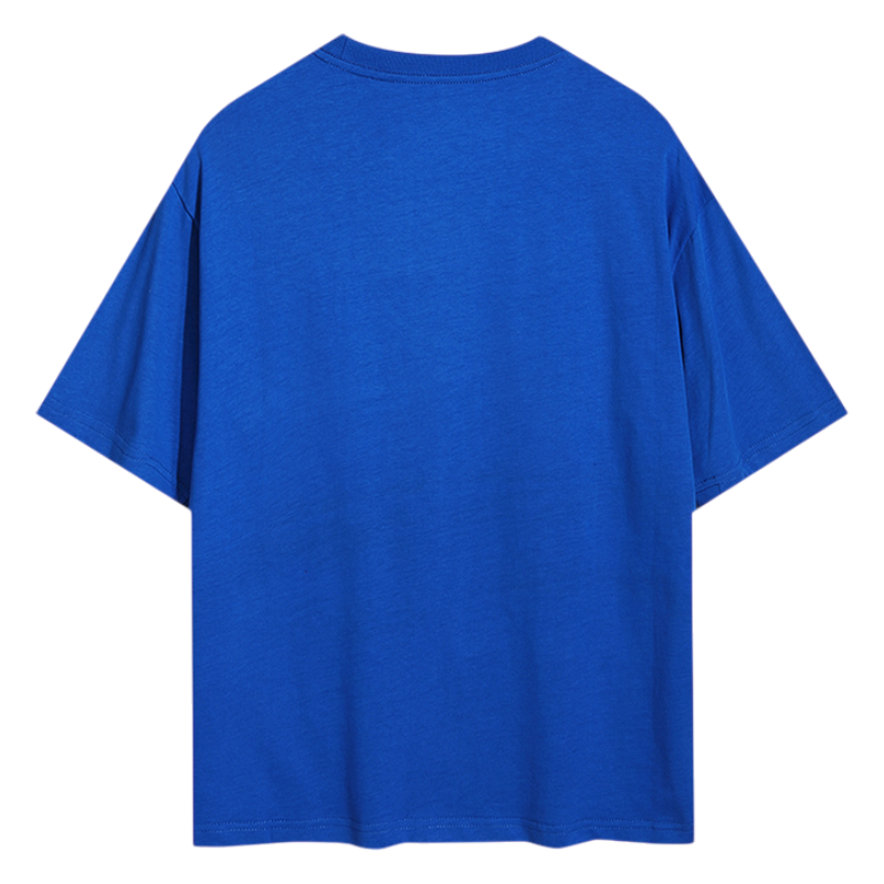 Back view of the vibrant blue Sp5der Worldwide Star T-Shirt in a comfortable, modern oversized streetwear fit.