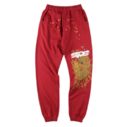 Front view of the premium maroon SP5DER logo sweatpants featuring a bold spiderweb design and soft fleece material.