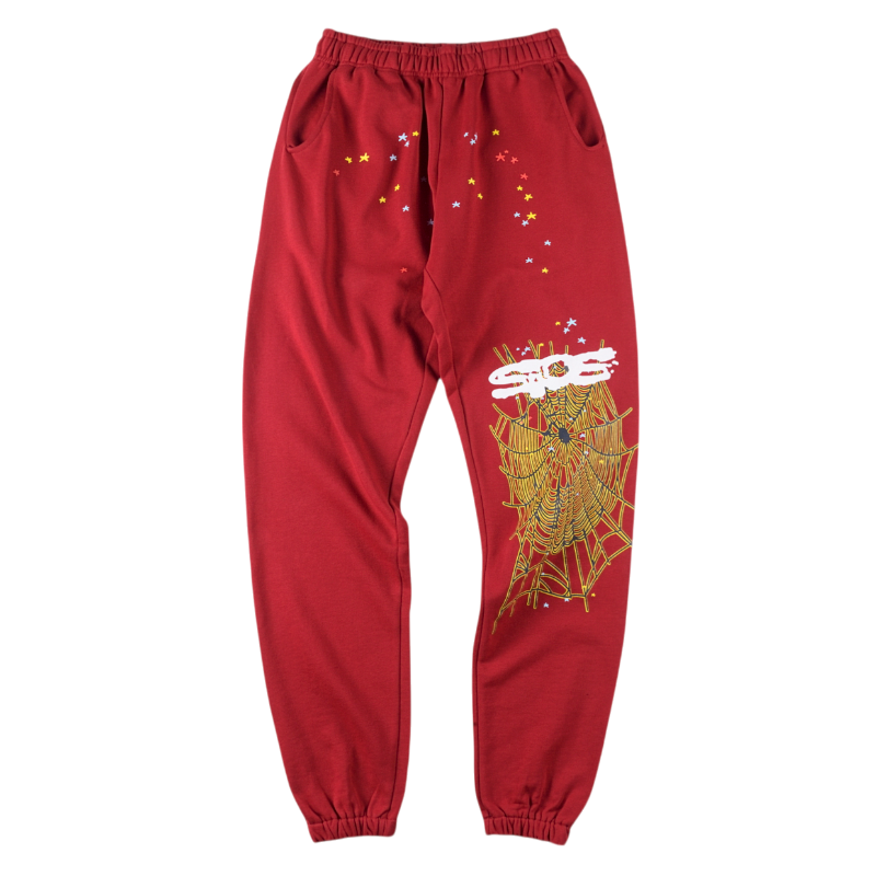 Maroon SP5DER logo sweatpants featuring a bold streetwear spiderweb design and embroidered details on soft fleece.