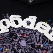 Close-up view of the Sp5der Worldwide Web hoodie featuring a large iconic graphic print with spider web and star details.