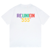 White Sp5der Reunion 555 T-shirt featuring a vibrant graphic logo on the front, perfect for a premium streetwear look.