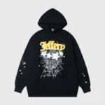 Sp5der Jeffery Black Hoodie featuring bold yellow graphic lettering and iconic spider web and star designs on front.