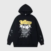 Sp5der Jeffery Black Hoodie featuring bold yellow graphic lettering and iconic spider web and star designs on front.