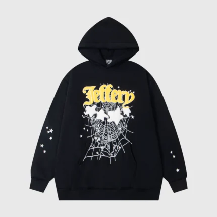 Sp5der Jeffery Black Hoodie featuring bold yellow graphic lettering and iconic spider web and star designs on front.
