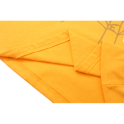 Close-up view of the premium fabric and hem stitching detail on the yellow Sp5der Wait Web streetwear graphic T-shirt.