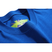 Close-up of the Sp5der Summer Sports T-shirt in royal blue showing the inner neck graphic and breathable fabric.
