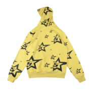 Back view of the vibrant yellow Sp5der 5Star hoodie featuring an all-over black star print and premium construction.