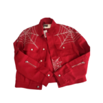 Front view of a red Sp5der denim jacket featuring detailed rhinestone web graphics and premium streetwear construction.