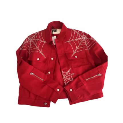 Front view of a red Sp5der denim jacket featuring detailed rhinestone web graphics and premium streetwear construction.