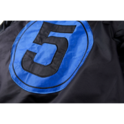 Sp5der Satin Bomber Jacket featuring a bold blue circular graphic with a large black number five logo detail.