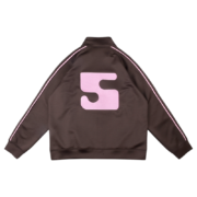 The back view of the brown SP5DER G550 high-performance jacket featuring a prominent pink logo and sleek design.