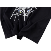 Closeup view of the premium black Sp5der OG Web V2 graphic t-shirt featuring the iconic modern spider web design.