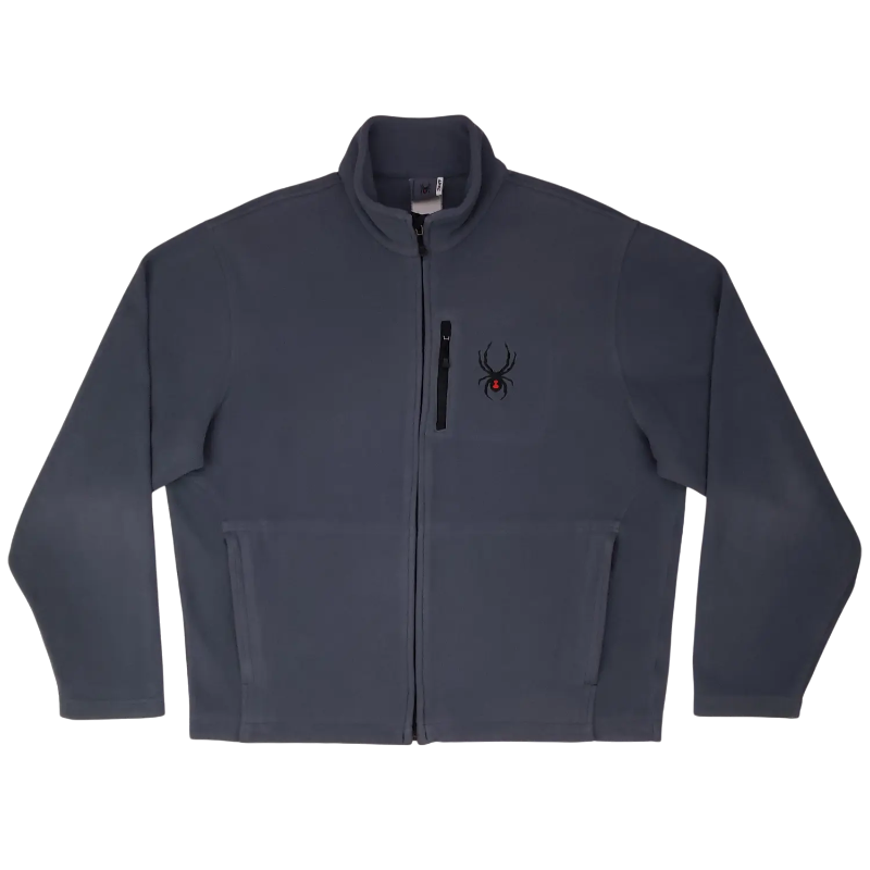 Grey full-zip fleece jacket from Sp5der featuring a stand-up collar, chest pocket, and signature spider logo branding.