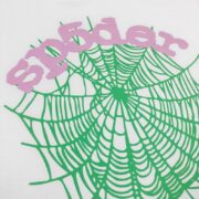 The Sp5der OG Web Tee White features a vibrant green spider web graphic with pink brand lettering on a crisp white shirt.