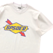 Sp5der The Spot Tee in white, featuring a bold yellow and red graphic logo print on premium breathable cotton fabric.