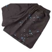 Black Sp5der sports shorts featuring an embroidered logo and a stylish blue five-star printed pattern design