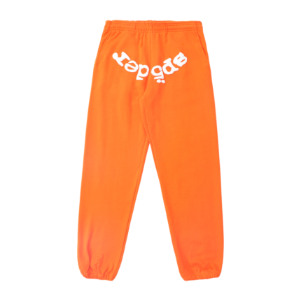 Back view of bright orange Sp5der Websuit sweatpants featuring the signature white web branding logo design.